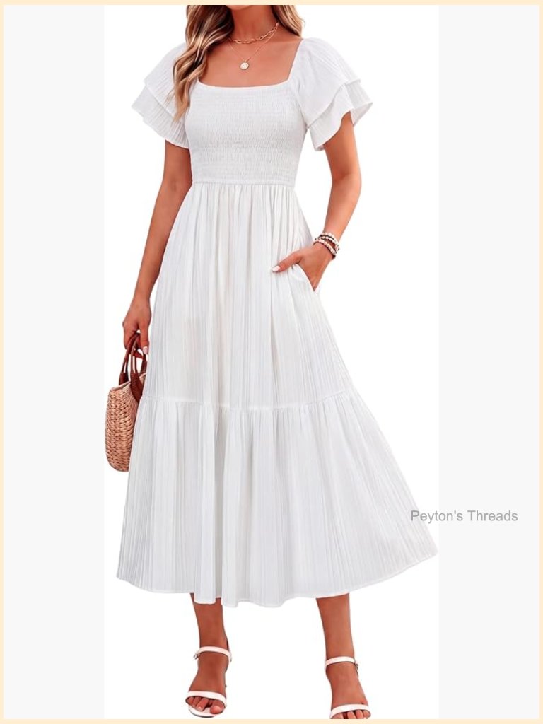 Square Neck Off Shoulder Ruffle Midi Dress With Pockets Flowy A-Line